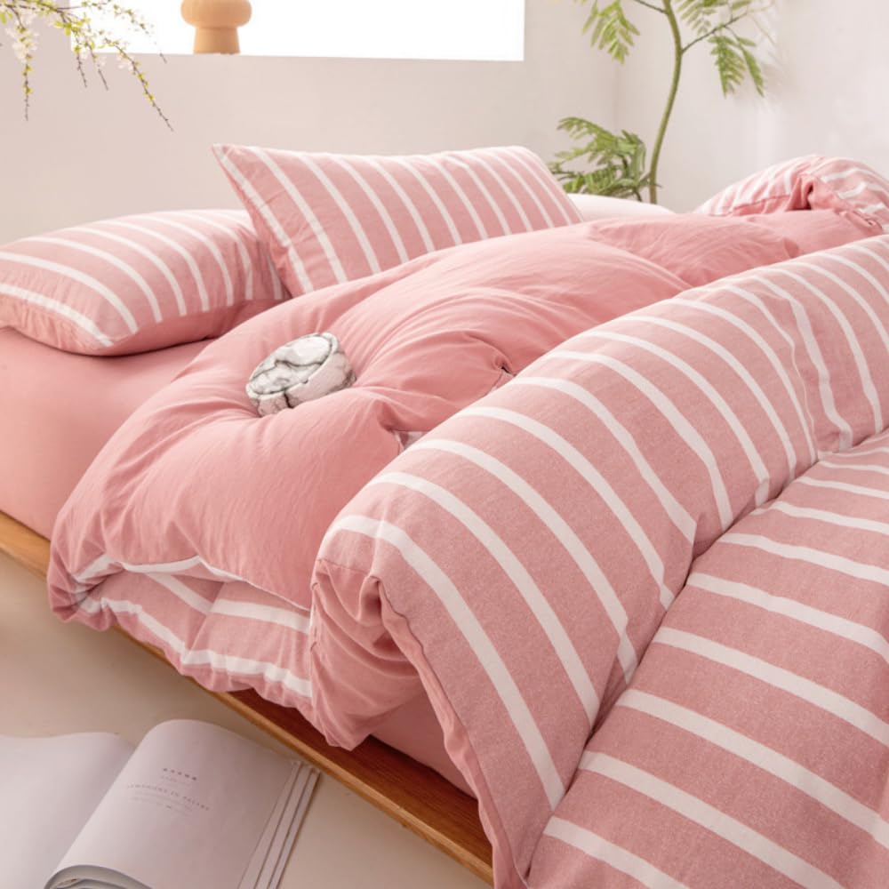 Michorinee King Size Duvet Cover Set Pink White Stripe Striped Pattern Country Style Bedding Set Aesthetic Cute Modern Soft Microfibre Girls Quilt Cover with Zipper Closure and 2 Pillowcases 50x75 cm