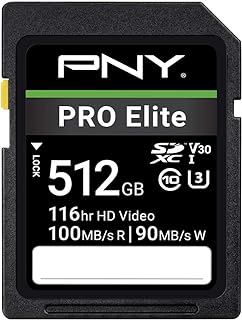 PNY 512GB PRO Elite Class 10 U3 V30 SDXC Flash Memory Card - 100MB/s, Class 10, U3, V30, 4K UHD, Full HD, UHS-I, Full Size SD