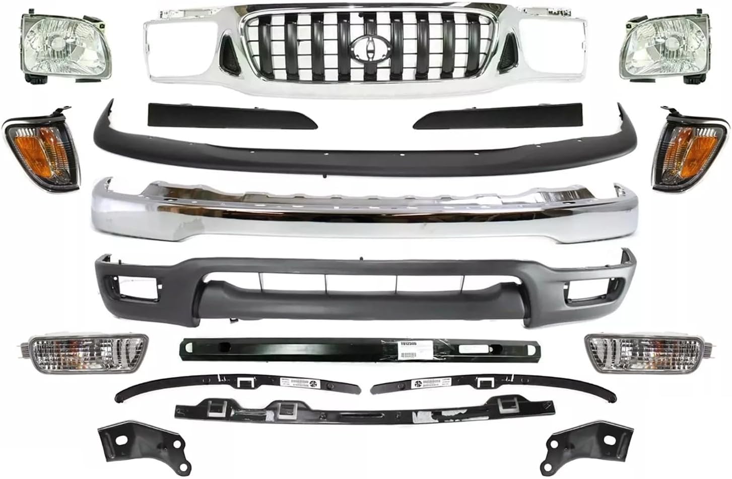 Front Bumper Chrome + Grille + Upper Cover + Lower Valance Primed + Reinforcement + Headlights + Corner & Signal Lights + Fillers + Retainers + Brackets Replacement For 2001-2004 Toyota Tacoma 4WD