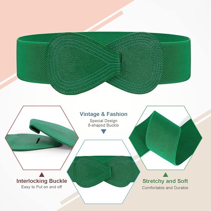 Women Stretchy Belts for Dress Vintage Wide Elastic Waist Belts Fashion Cinch Waistband with 8-Shaped Buckle for Ladies3