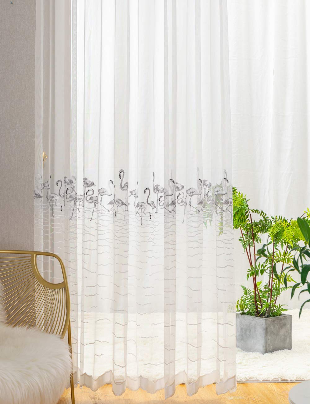 Lactraum - Tenda per cameretta Bambina, in Voile con Ricamo in Stile Fenicottero, Colore: Bianco Trasparente, Weiß Flamingo mit Ösen, 300 x 245 cm