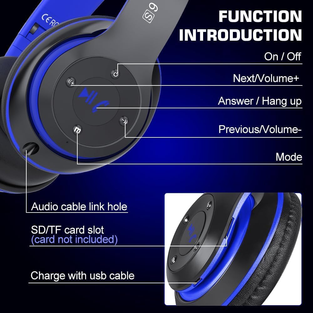 6S Bluetooth Headphones Over-Ear, Hi-Fi Stereo Foldable Wireless Stereo Headsets Earbuds with Built-in Mic, Volume Control, FM for iPhone/Samsung/iPad/PC (Blue)