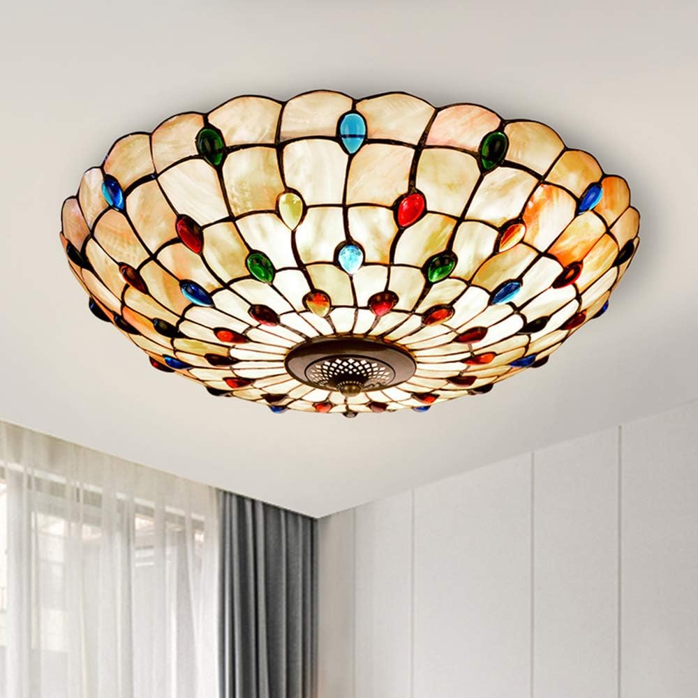 Tiffany Ceiling Light, Hand-Made Beige Shell Hanging Lamp with Colored Jewels Glass Shade 4 Lights Flush Mount Ceiling Light Fixture