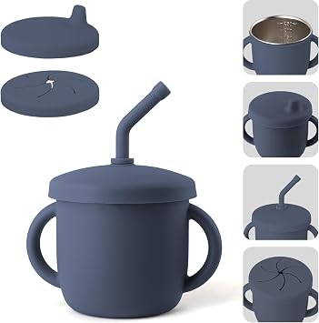 Bakpoco 4-in-1 Stainless Steel Silicone Sippy Cup, 8.5oz Toddler Open Cup with Straw, Sippy & Snack Lids, For Baby Led Weaning, Toddlers 1-3 Years Trainning Kids Drinking, Dishwasher Safe, Navy