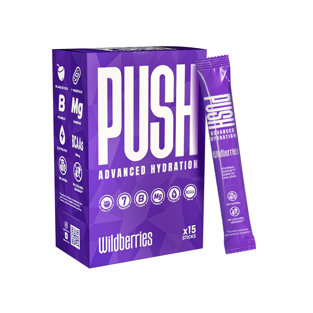 PUSH Hidratación Avanzada - 15 Sticks - Agua de Coco Natural, Electrolitos, Probióticos, Hierro, Zinc, Vitaminas y BCAAs. Sin cafeína, Sin Azúcar añadido (15 STICKS, WILDBERRIES)