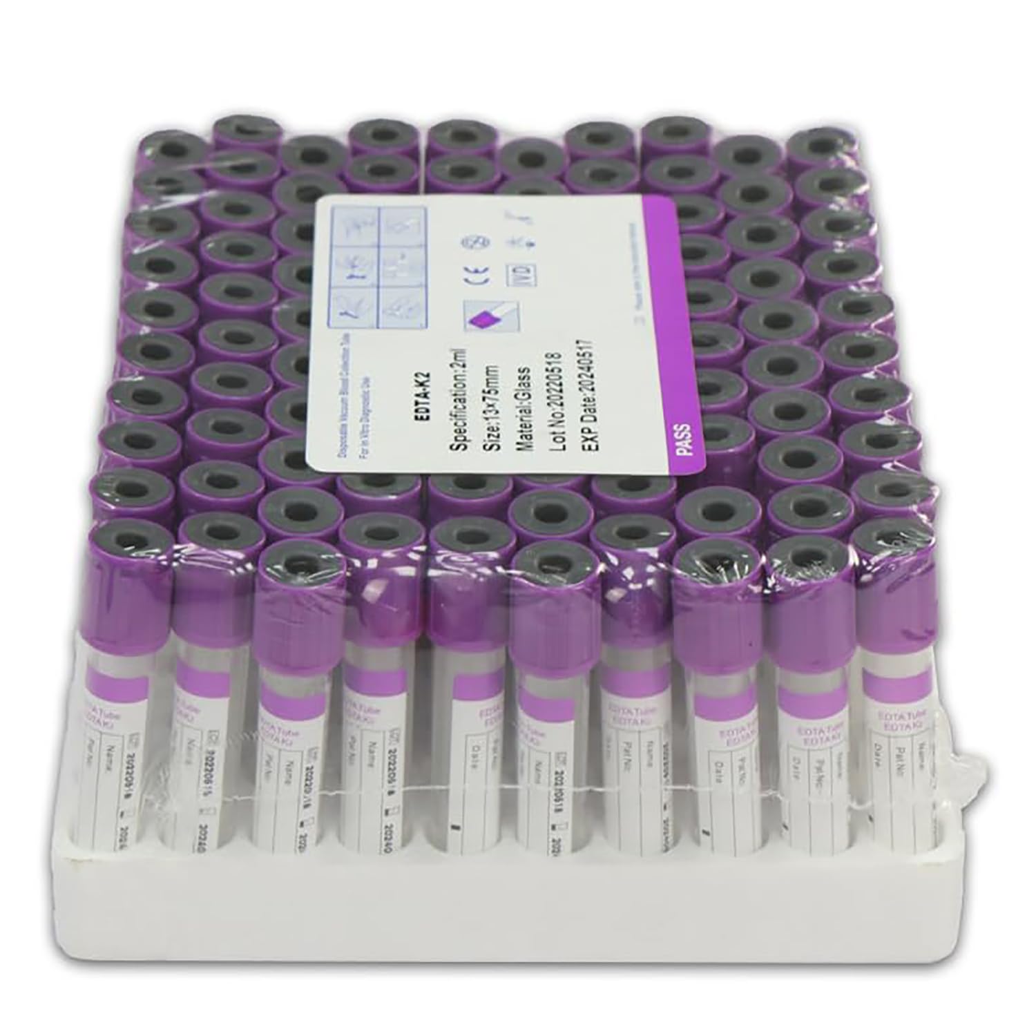 Provetta per prelievo di Sangue sottovuoto da 100 Pezzi, provette in Vetro EDTA K2 da 2 ml/3 ml/5 ml/10 ml con Tappo a Vite Viola per Laboratorio, per Laboratorio