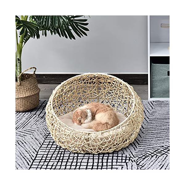 PawHut Katzenbett aus Rattan Katzenhöhle mit Kissen Katzenkorb Hundebett Katzenschlafplatz Hundehütte Tierbett für Katzen Hunde Beige Ø56 x 35 cm – Bild 3