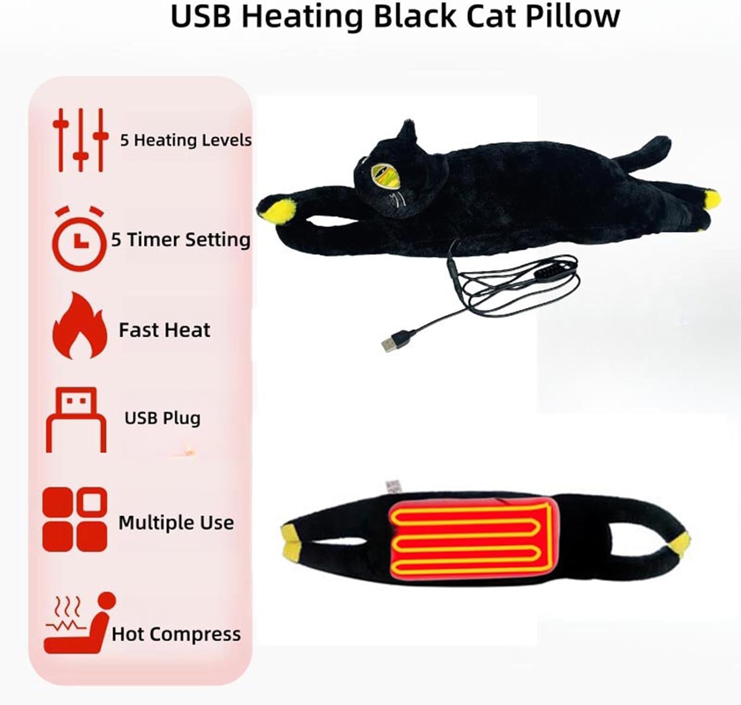 USB Electric Heating Pad for Period Cramps Menstrual Pain Relief Portable Cute Black Cat Plush Stuffed Animals Heating Pillow 5 Heat Levels for Halloween Women Teen Girls Kids Cat Lovers Christmas