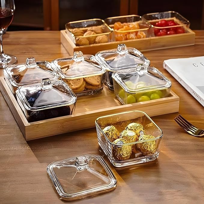 Image of 275ml Glass Dry Fruit Serving Bowl Set of 6 with Glass Lids & Bamboo Tray | Snack, Mukhwas, Namkeen, Candy Storage Containers | Transparent Fancy Serveware for Dining Table