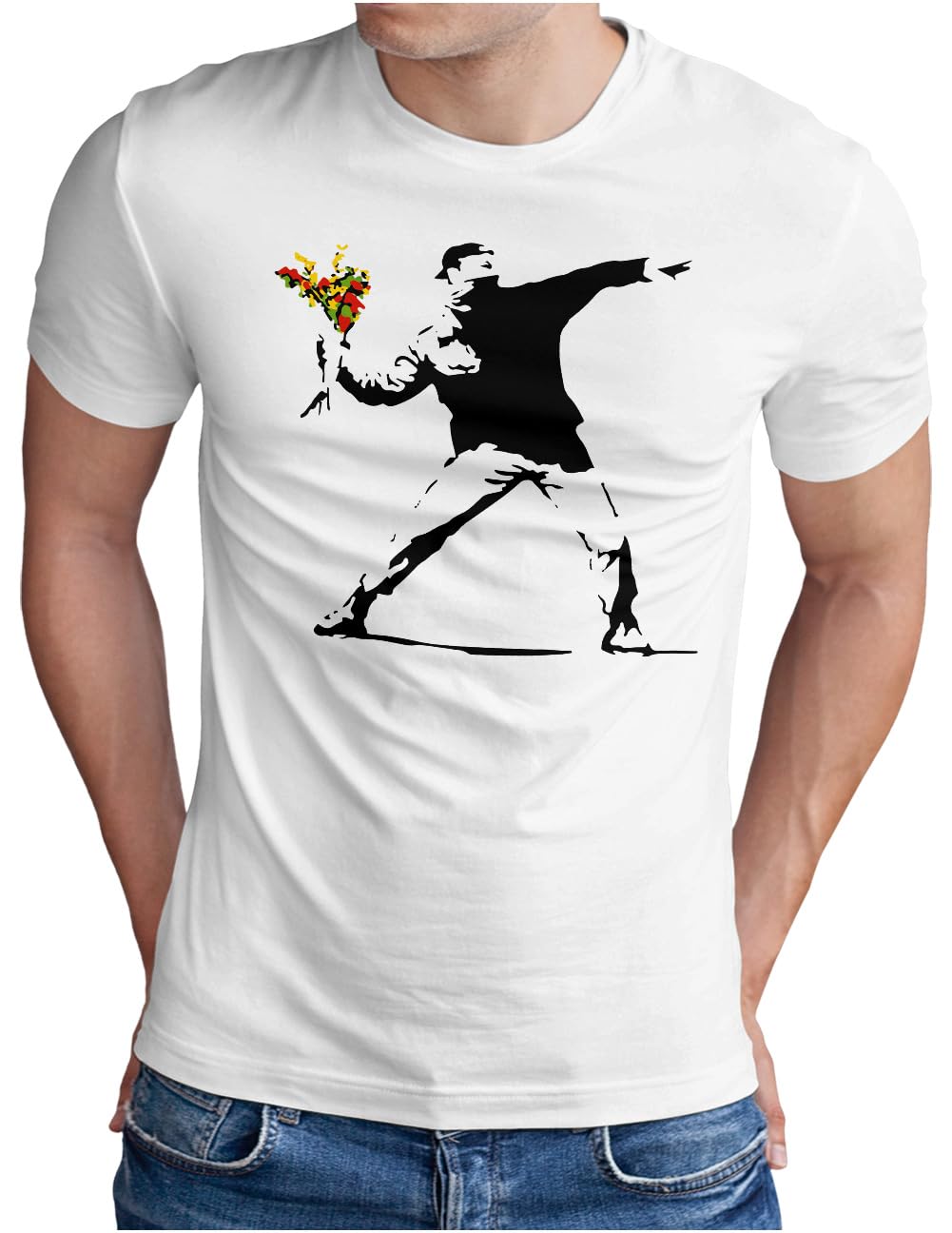 OM3Banksy Flower Thrower T-Shirt | Men's | Urban Street III Art Peace Graffiti Punk Flower Social Criticism | S - 4XL