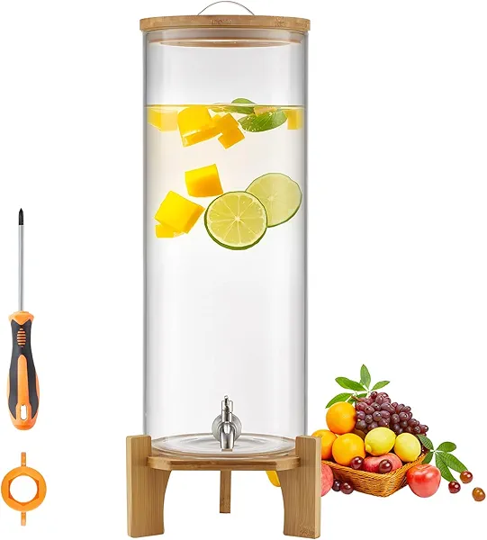 VEVOR Beverage Dispenser, 3.5 Gallon Drink Dispensers for Parties, Glass Juice Dispenser with Wood Stand, Stainless Steel Spigot, Iced Tea Lemonade Juice Water Dispensers for Parties