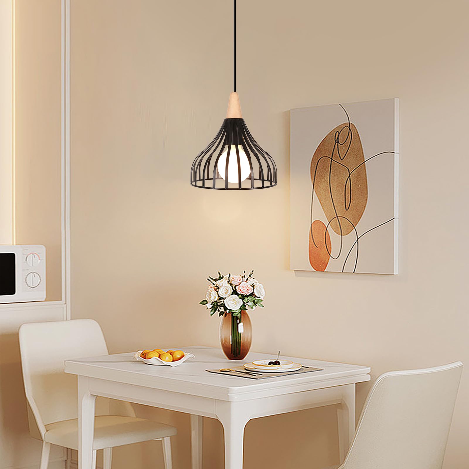 iDEGU Lot de 2 Suspension Luminaire Vintage Plafonnier Abat-jour de Cage Lustre Industriel en Métal Bois Lampe Suspension Rétro pour Salon Chambre Cuisine Salle à Manger Restaurant (Noir 20cm)
