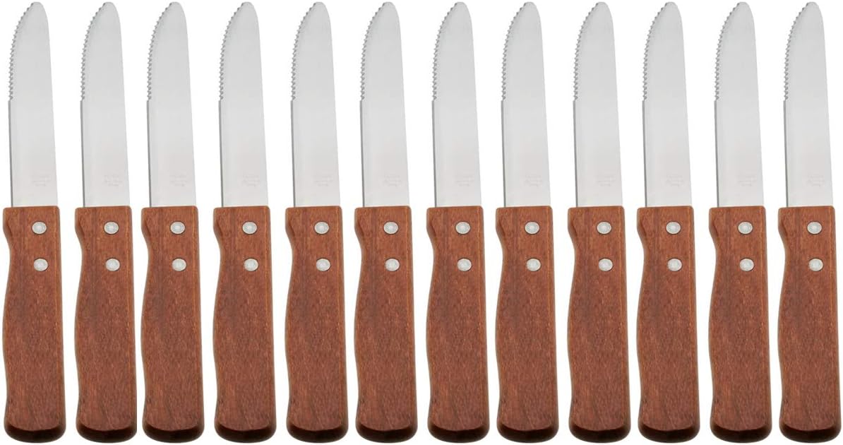 Tezzorio (Set of 12) 10-Inch Jumbo Steak Knives, 5-Inch Stainless Steel Rounded Serrated Blade with Wooden Handle, Commercial Quality Steak Knife Set