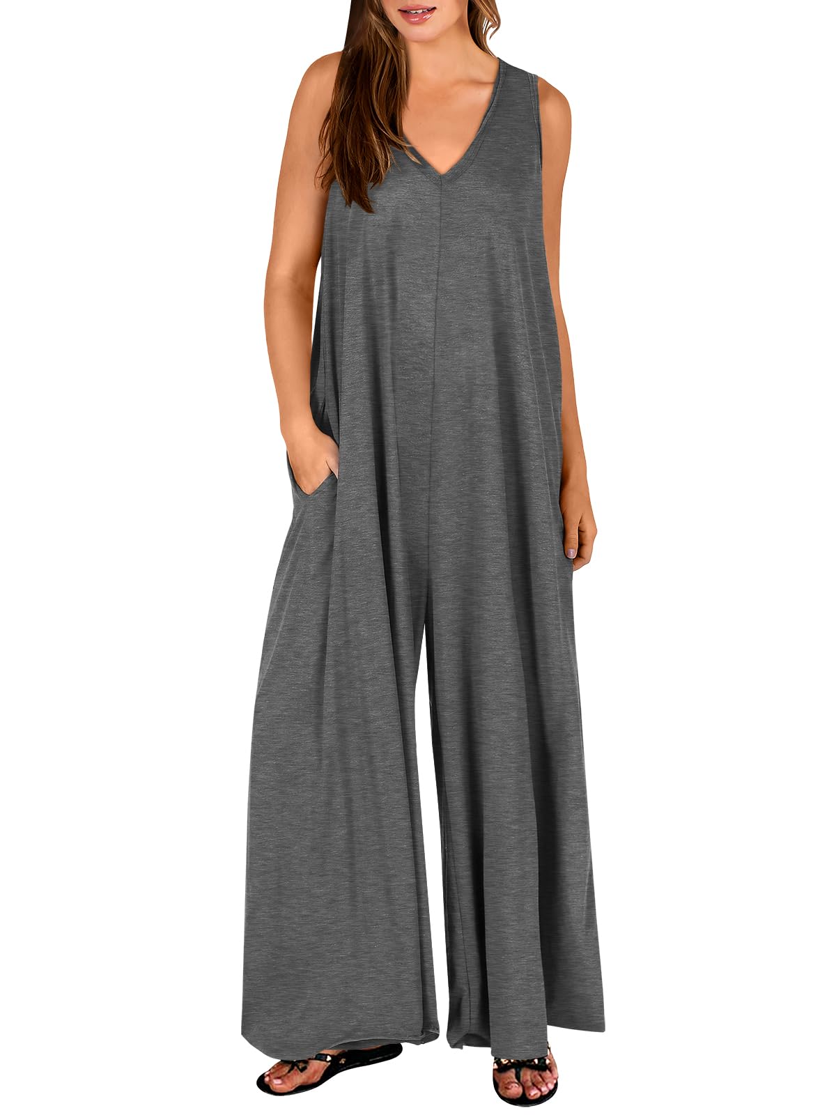 ANRABESS Women's Casual Summer Loose Jumpsuits Sleeveless Tank V Neck Wide Leg Long Pant Rompers Baggy Jumper with Pockets