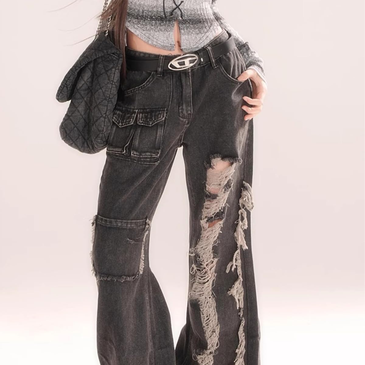 Fashion High Waist Baggy Wide Leg Fringe Ripped Jeans Y2K Vintage Casual Straight Denim Pants with Pocket - Image 5