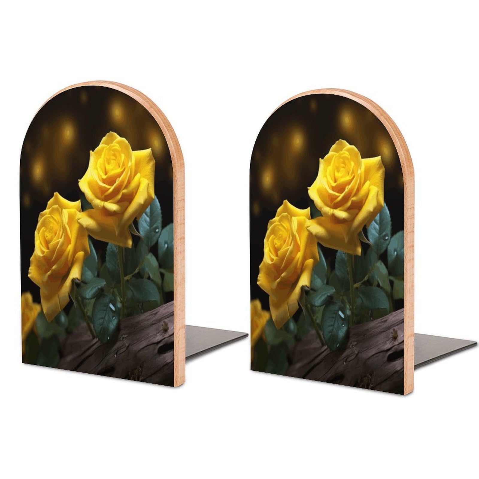 Sujetalibros de madera estables y antideslizantes decorados con rosas amarillas