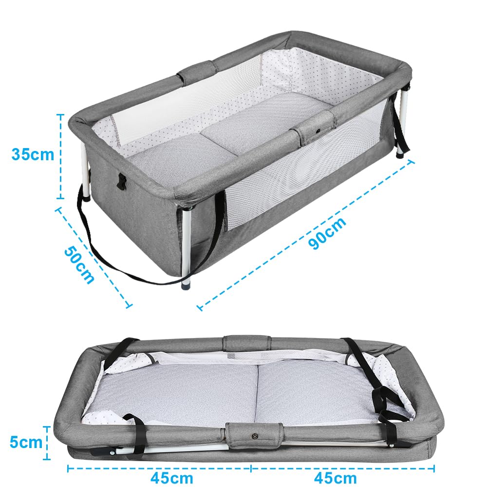 Parc pour Enfants HUOLE Lit de Voyage avec Freins Matelas Ergonomique 90x70x50cm Gris