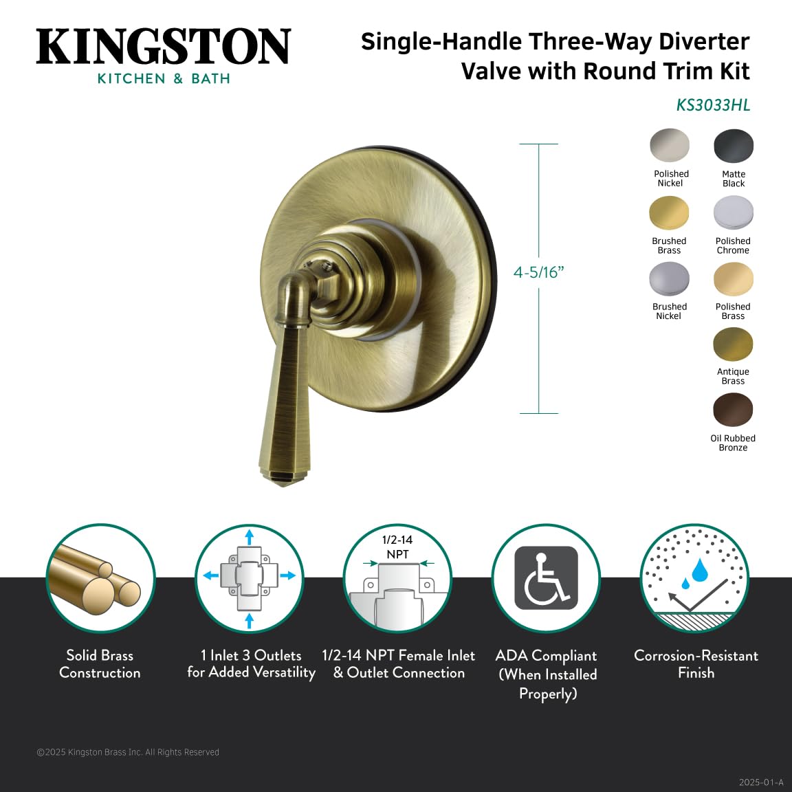 Kingston Brass KS3031HL Válvula desviadora de tres vías con kit de recorte, cromo pulido
