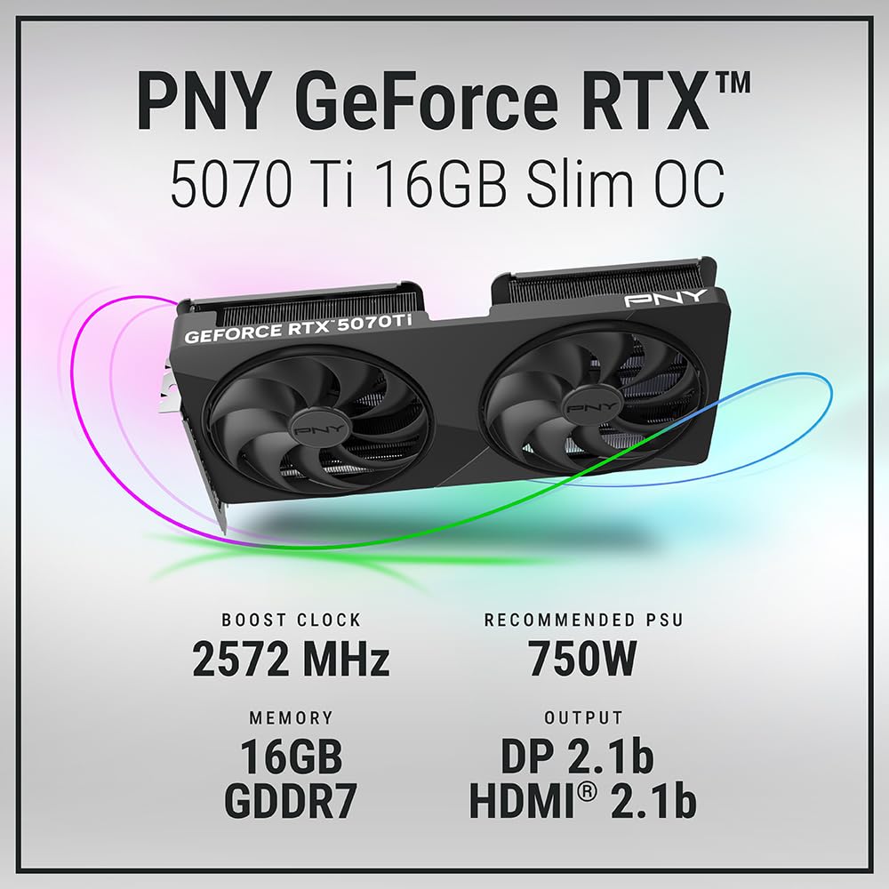 PNY Tarjeta gráfica NVIDIA GeForce RTX™ 5070 Ti Slim de Doble Ranura OC (16 GB GDDR7, 256 bits, Velocidad de Aumento: 2572 MHz, PCIe® 5.0, HDMI®/DP 2.1, NVIDIA Blackwell Architecture, DLSS 4.5)