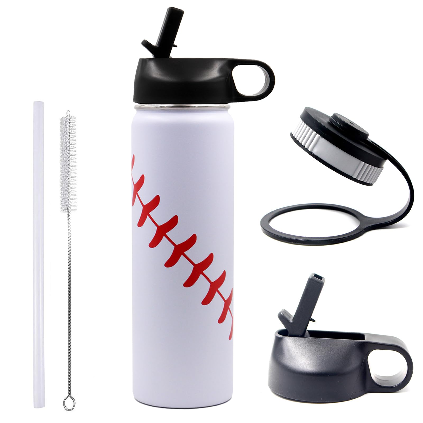 22 oz Baseball Water Bottle Sports Flask Metal Travel Tumbler with 2 Lids Stainless Steel Double Wall Vacuum