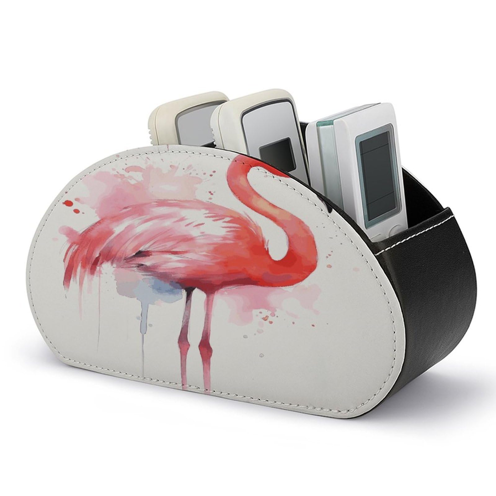 FekiLoot Pink Flamingo Watercolor TV Remote Control Holder with 5 Compartments Multi-functional Leather Bedside Table Remote Caddy Desktop Storage Box for Store Pen Controller Media Player Cosmetic