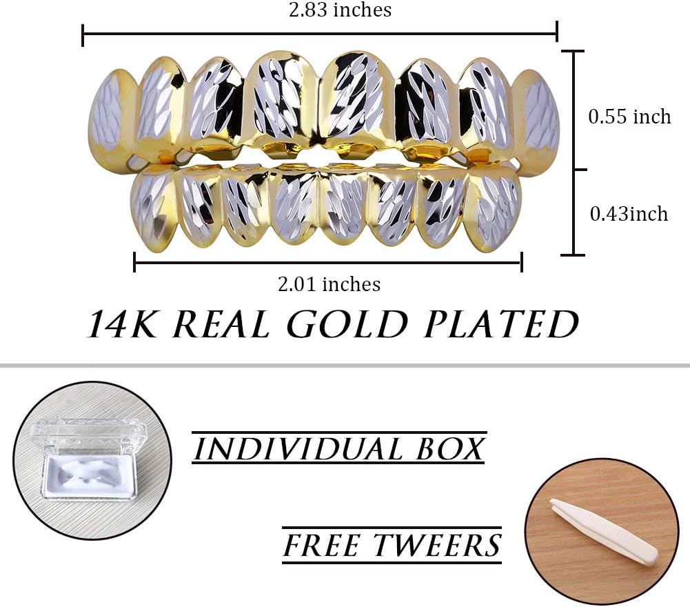 TOPGRILLZ Grills for Your Teeth Hip Hop 8 Teeth Gold Grillz for Men Women Top Bottom Fang 18K Gold Plated Rugged Rapper Costume gold&silver