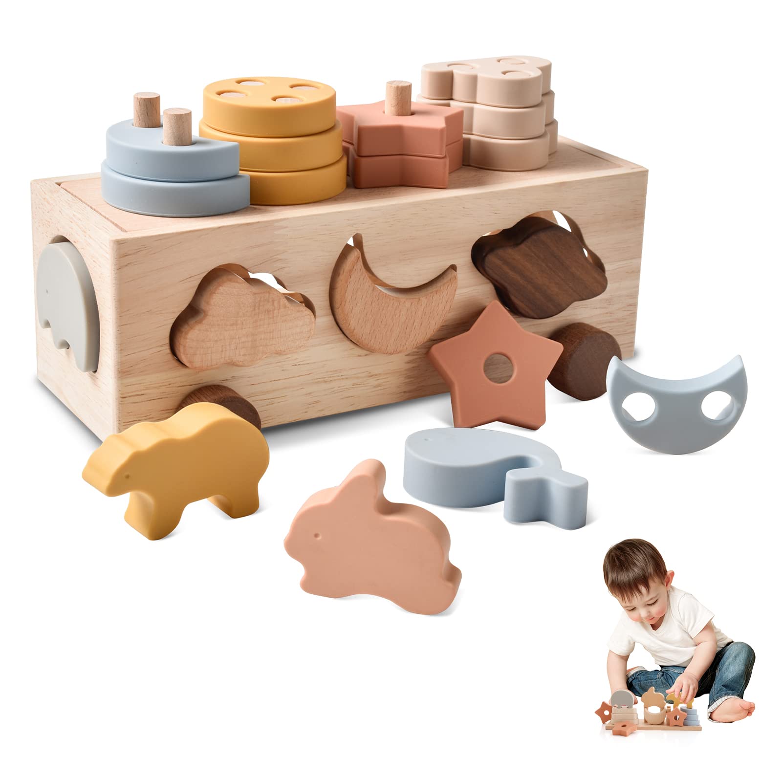 Promise Babe Baby Juguetes Montessori Niños Pequeños, Coche de Madera Silicona Juguete Clasificador Formas Animales Niños Niñas Juguetes Apilables Juguete Geométrico Educativo Regalo de Cumpleaños