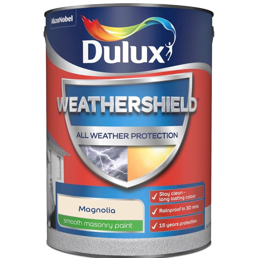 DRW Magnolia Weathershield Smooth Masonry Paint 5L | Exterior Wall Paint | Long Lasting Weather Protection | Smooth Matt Finish for Brick Render Concrete and Stone