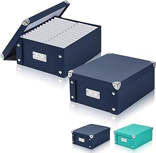 DLUGOPIS 2 Pcs Inch Checks Storage Box with Lid Document Boxes Document Bin Banker Boxes Foldable Receipt Box Storage Navy Blue Cardboard Record Boxes For Business Pesonal Books Files 12"x10"x5"