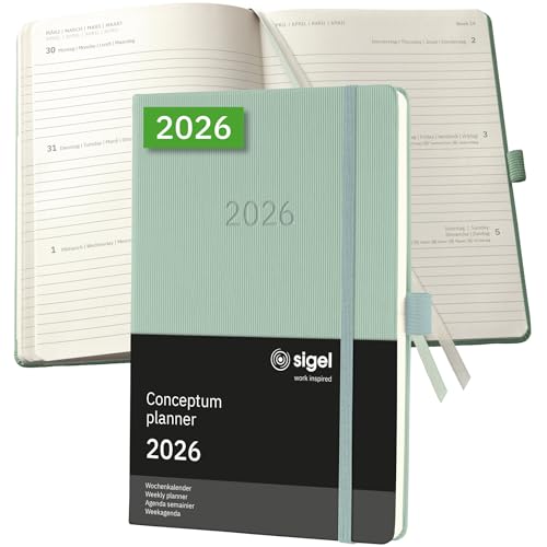 Sigel C2672 Agenda Settimanale Conceptum 2026-1 Anno - Circa A5 - Verde - 2 Pagine - 1 Settimana - Copertina Rigida - 80 G/M² - 192 P. - Certificazion