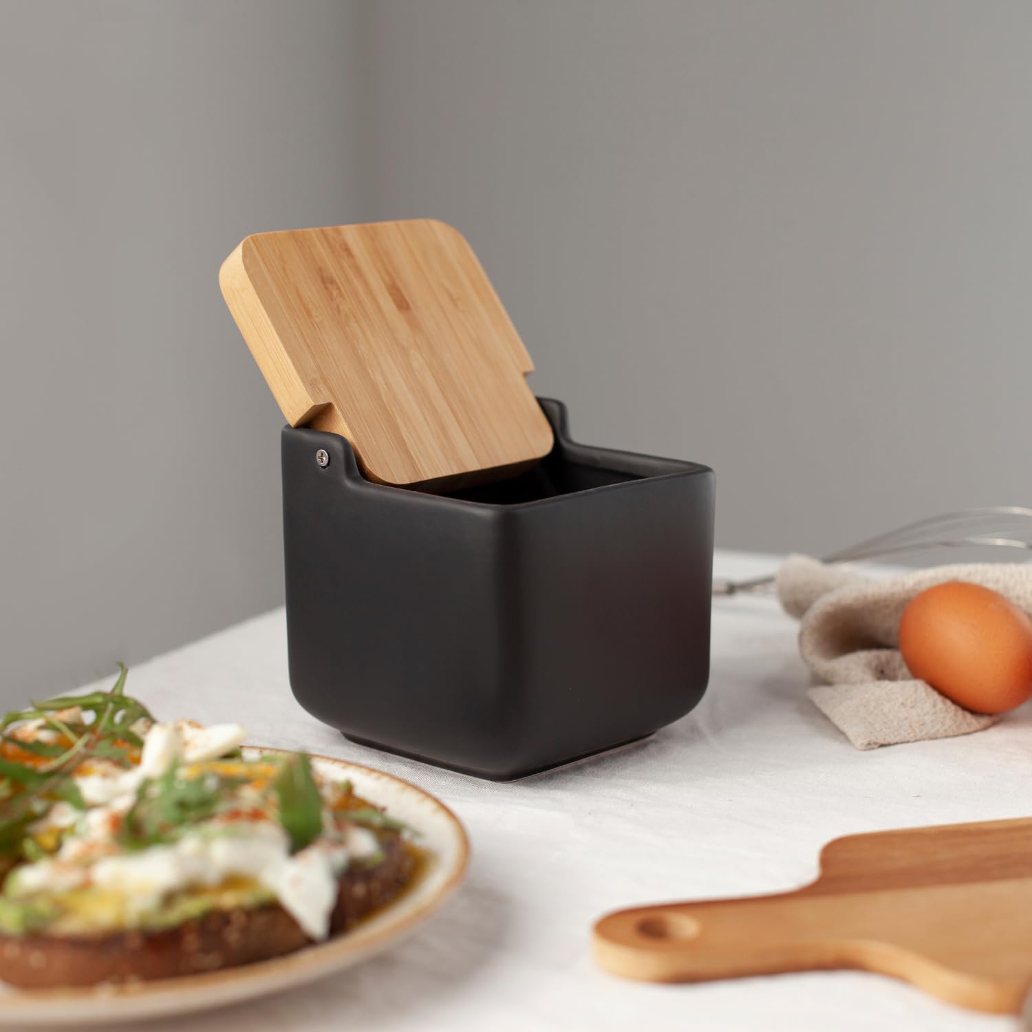 Pot à Sel En Céramique Avec Couvercle Bambou - Design Minimaliste Pour Cuisine - 11,5 Cm
