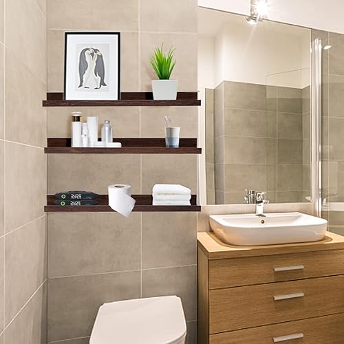 Miniatura 6 de MBYD Estantes flotantes de 3 mismas dimensiones, estantes de madera maciza de nogal de 24 pulgadas de profundidad para pared, estante de pared