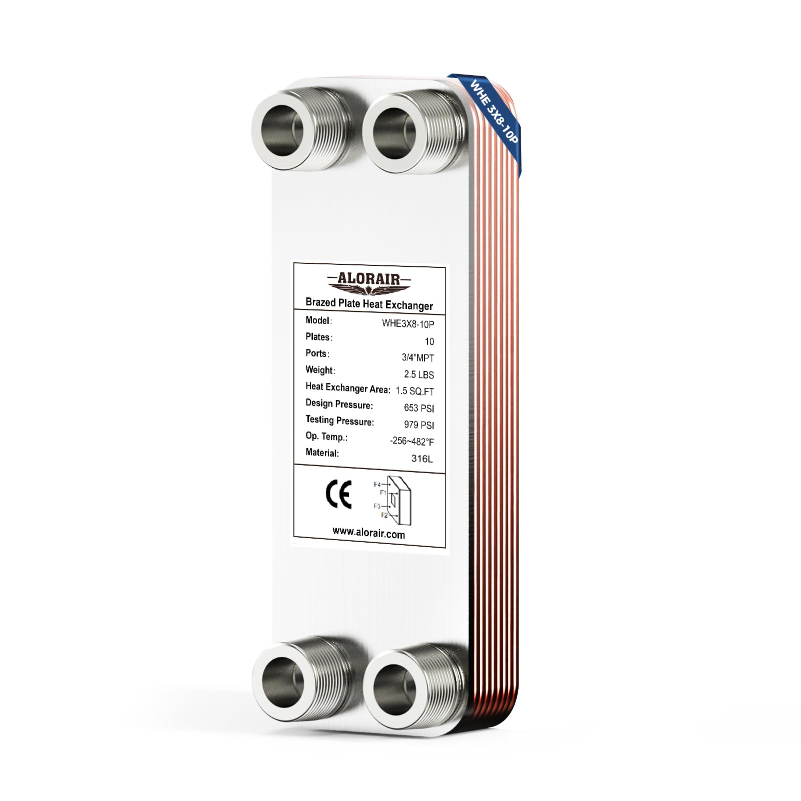 ALORAIR 3"x8" 10 Plates Heat Exchanger with 3/4" MPT Port,316L Stainless Steel Water to Water Brazed Plate Heat Exchanger for Floor Heating, Water Heating, Commercial and Industrial Refrigeration