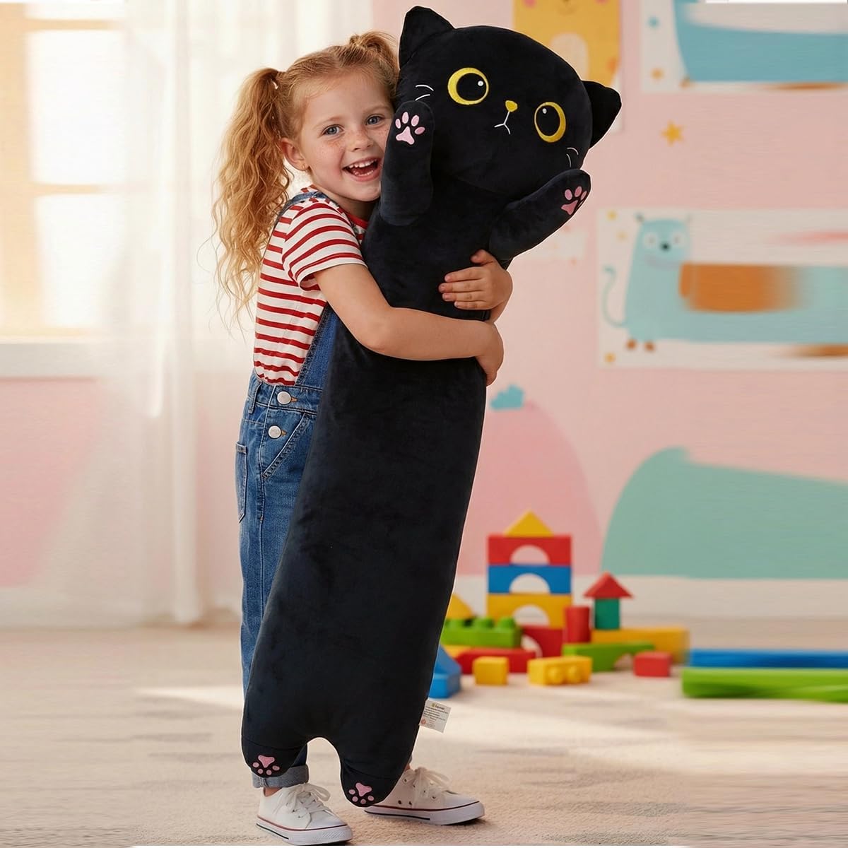 Long Cat Plush, Soft Black Cat Pillow Cute Stuffed Animal Toy Hugging Pillow Birthday for Kids Adults (110cm/43.31inch)