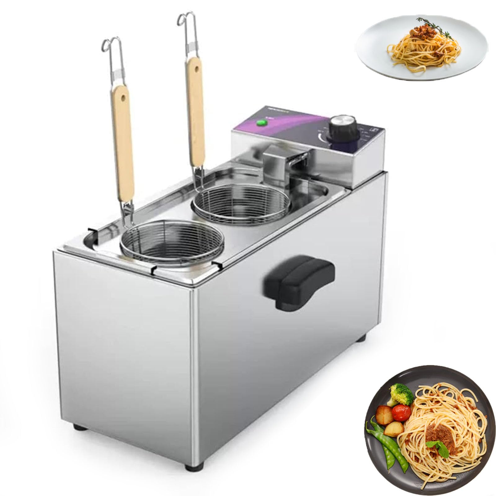 Macchina Elettrica Per La Cottura Di Pasta Da 2000 W, Con 2 Cestelli Per La Pasta, Tubo Di Circolazione A Riscaldamento Rapido, Temperatura Regolabile Da 30℃ A 110℃, Ideale Per Ristoranti E