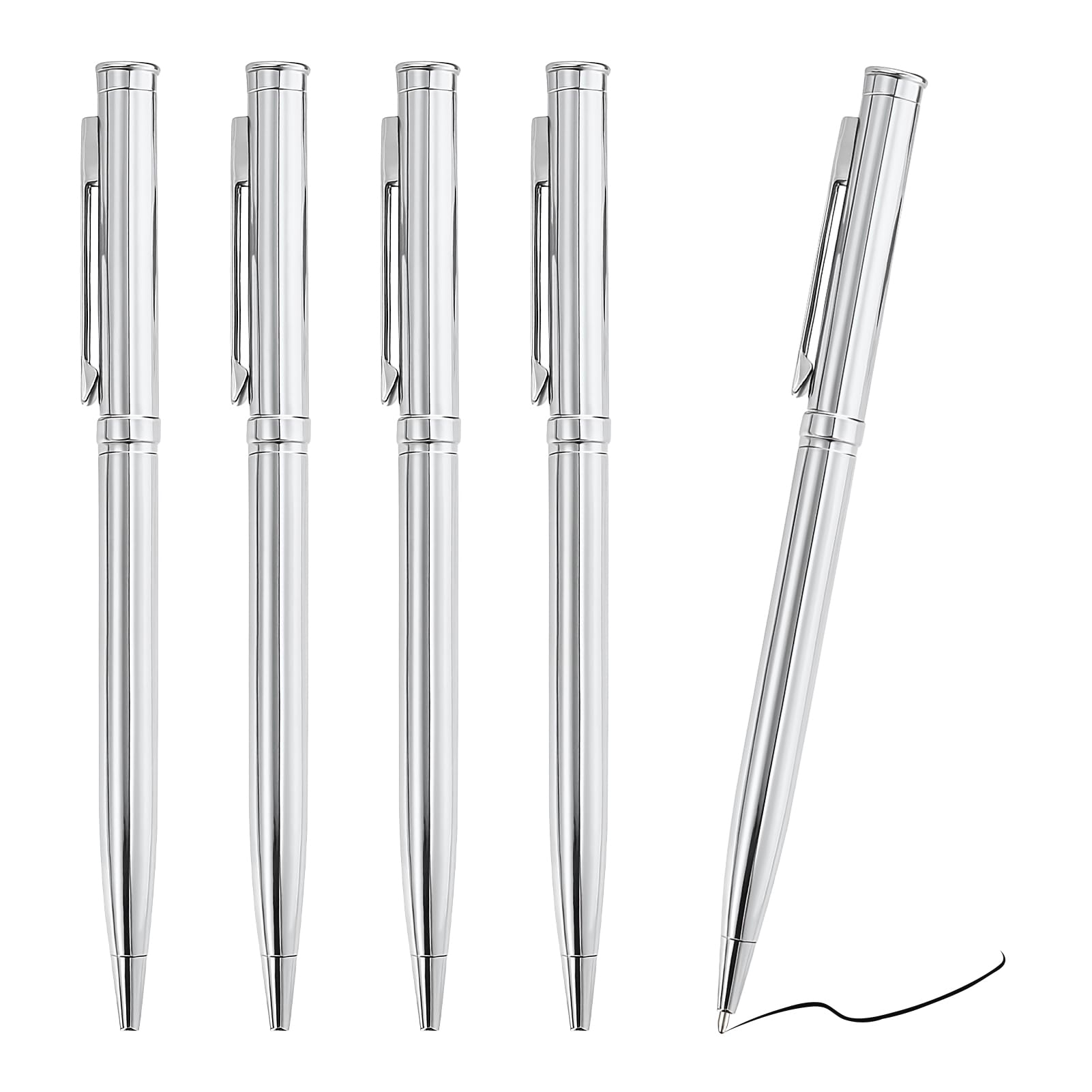 5Pcs Quality Luxury Metal Ballpoint Writing Pens, 1.0mm Black Gel Ink Rotary Retractable Business Slim Pen with Steel Clip for Christmas Colleague Office Teacher Student Hotel Wedding Gift (Silver)