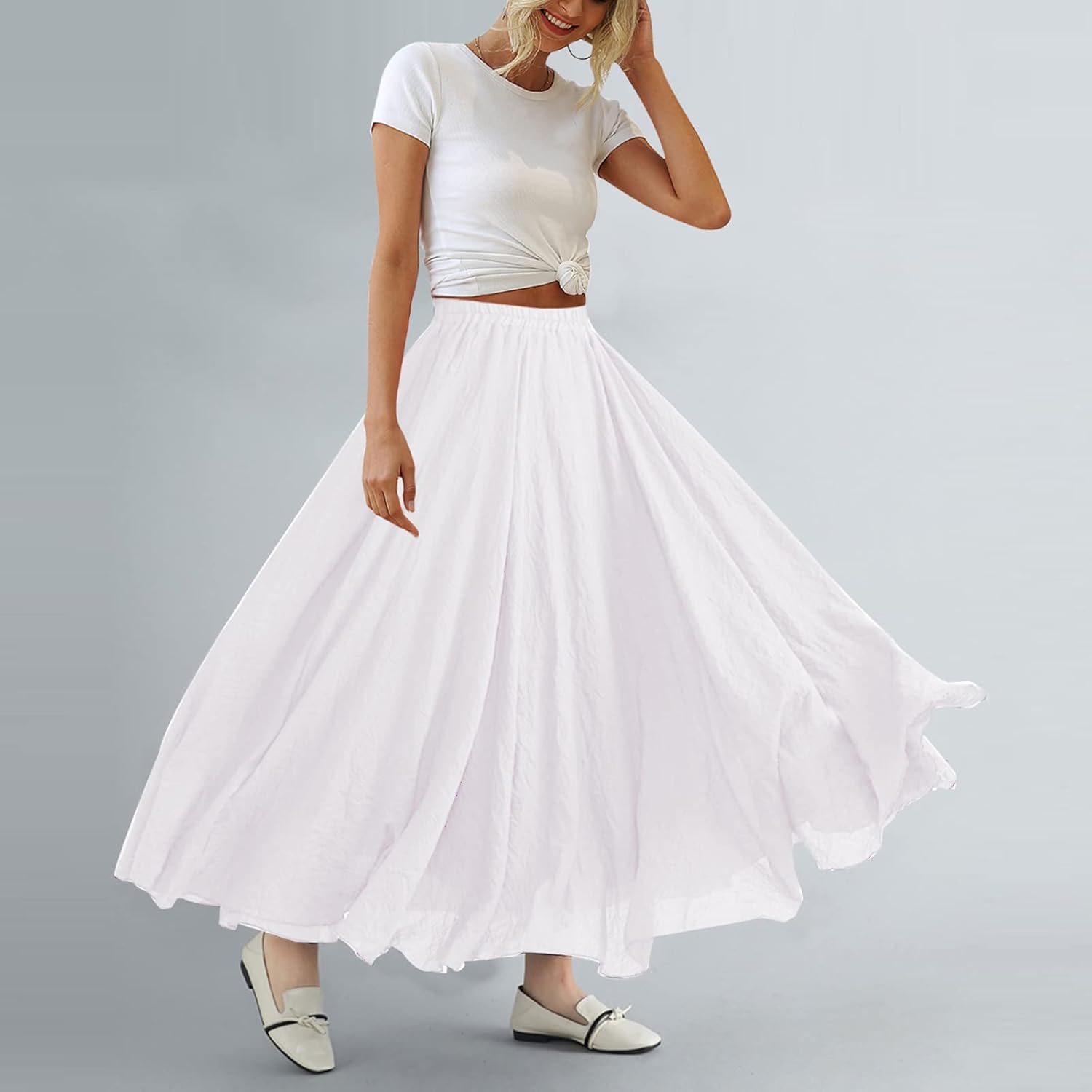 ASHER FASHION Women's Bohemian Style Elastic Waist Band Cotton Linen Long Maxi Skirt Dress - Image 3