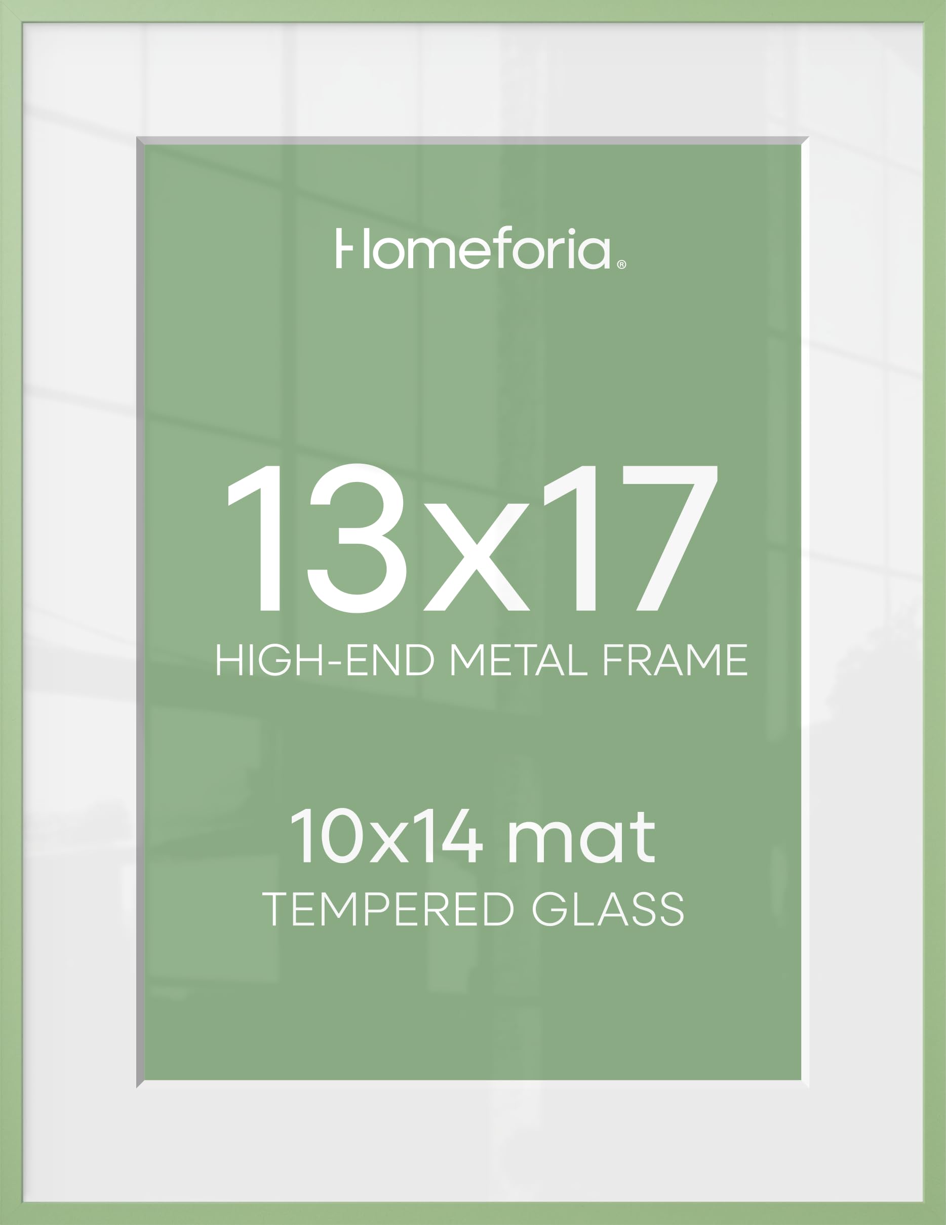 Homeforia 13x17 Green Picture Frame, High-End Metal, 10x14 Mat, Glass | High End Aluminum, Tempered Glass, Acid-Free 10x14 Removable Mat, 13x17 in Edge-to-Edge Display 17x13, Wall Kit, Set Of 1