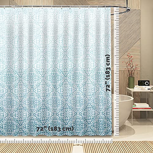 Lynxtex Teal Blue Shower Curtain - Polyester Fabric Waterproof Weighted Hem Farmhouse Boho Shower Curtain Set With 12 Hooks For Bathroom Decor – 72 X 72 Inch - Ombre Damask #TOP5