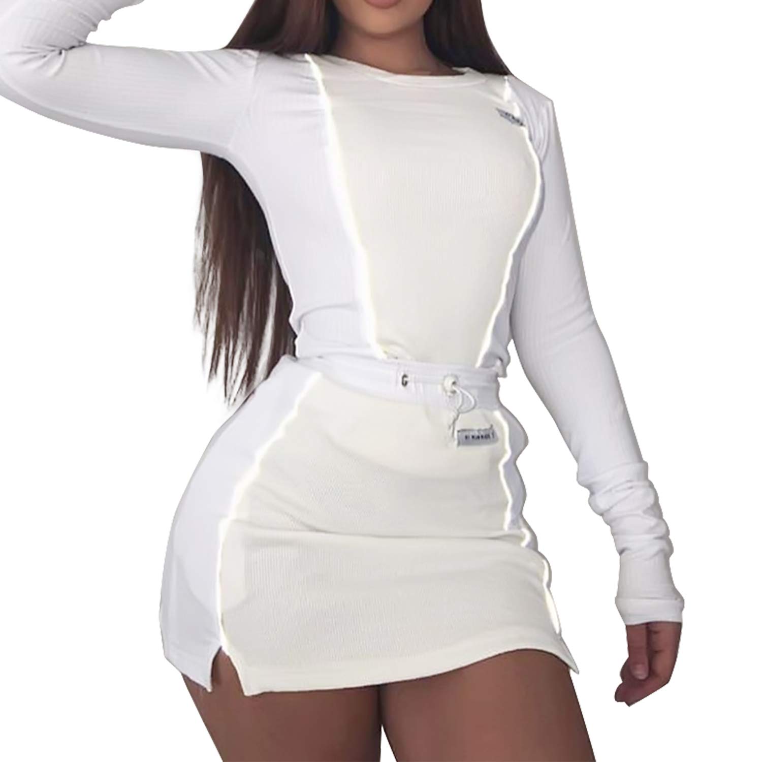 Women's Knitted 2 Piece Outfit Reflective Striped Long Sleeve Crop Top and Mini Bodycon Skirts Set