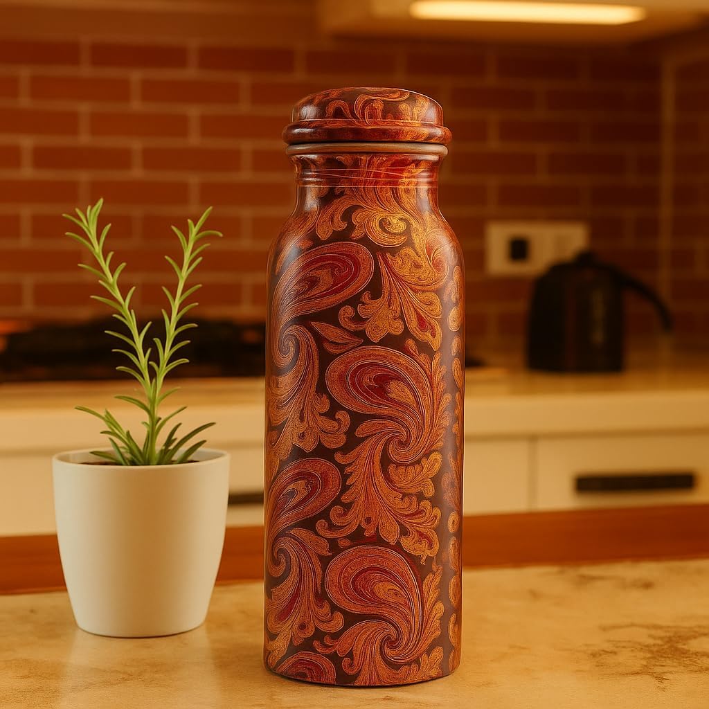 Pure Copper Water Bottle - 32 oz Golden Paisley | Handmade Ayurvedic Copper Bottle | Leak-Proof, BPA-Free | Perfect for Gifting