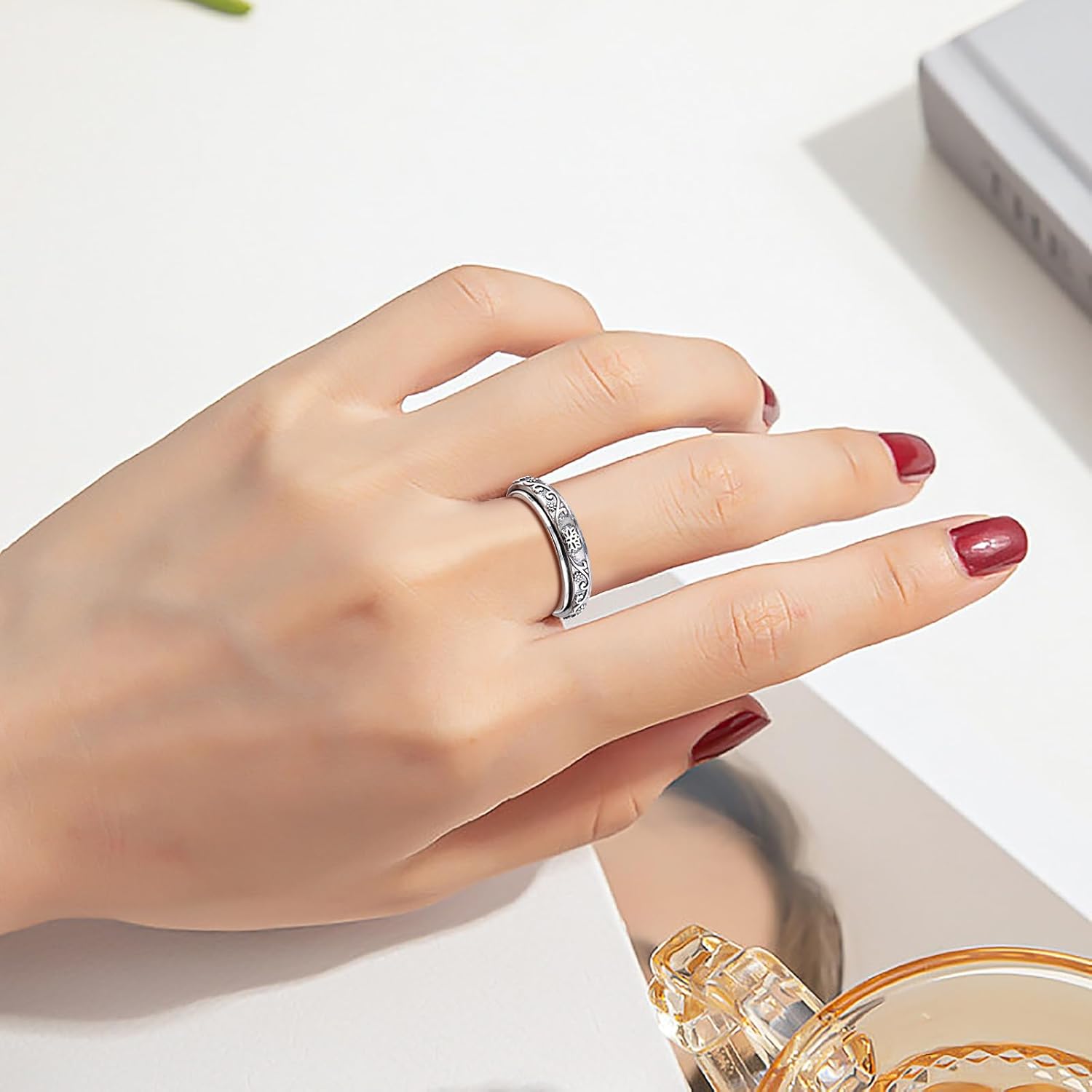 FLYOW 925 Sterling Silver Anxiety Relieve Rings Lotus Sunflower Spinner Fidget Ring Worry Relieving Boredom ADHD Autism Rings Stress Relief Band Ring Birthday Thanksgiving Christmas Jewelry for Women