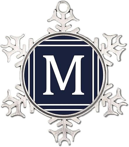 Adornos de copo de nieve con monograma de letra M con inicial, marco con monograma del alfabeto inglés, adorno de Navidad plateado, decoraciones de