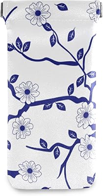 susiyo Oriental Floral Blue and White Glasses Case Portable Microfiber PU Leather Soft Sunglasses Bag Eyeglasses Pouch Holder Squeeze Top for Women Men