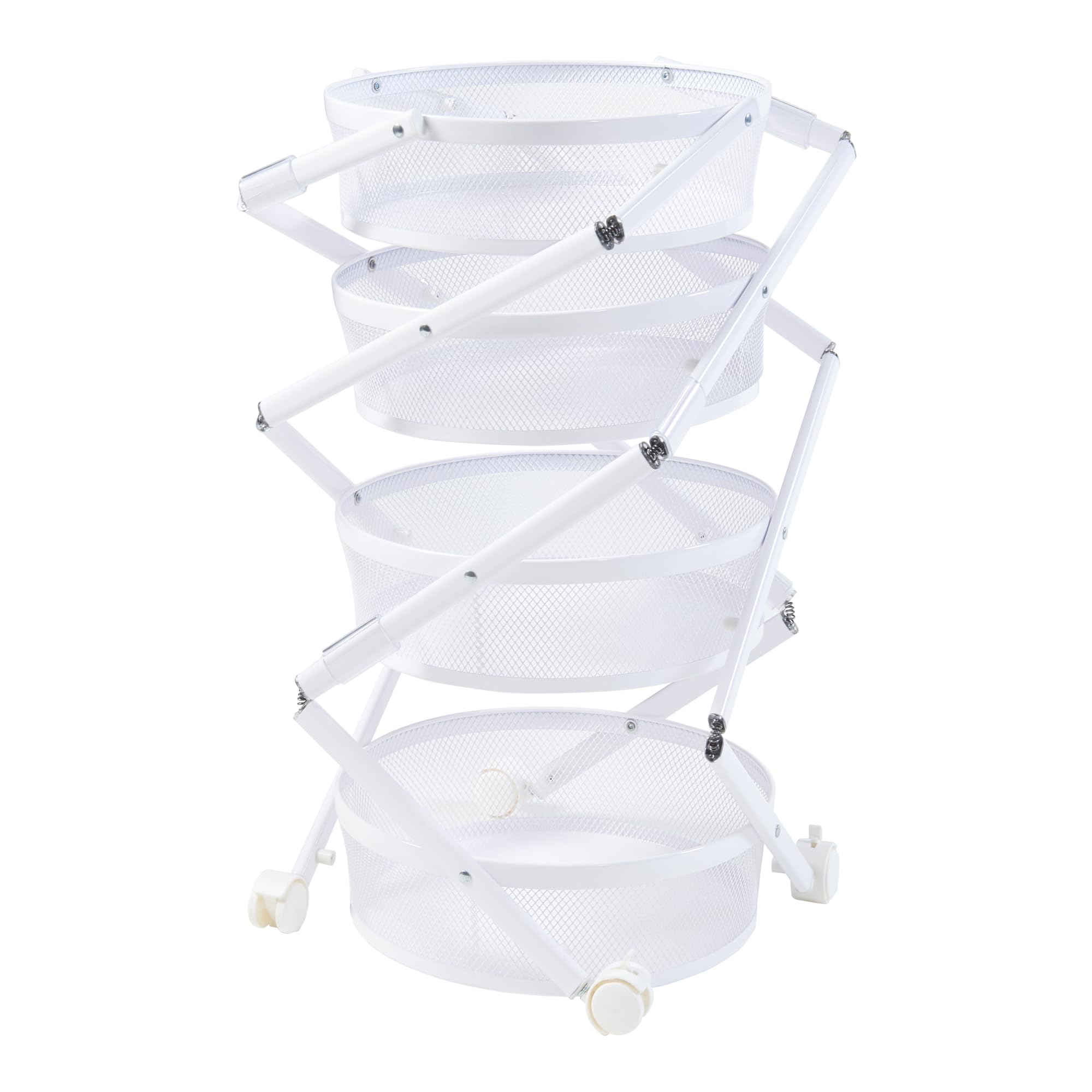 [en.casa] Carrito de Cocina Baño Oficina con 4 Cestas Redondas Plegable Verdulero Carro de Servicio con 4 Ruedas 2 con Freno Paredes Perforadas Acero 123xØ38cm - Blanco