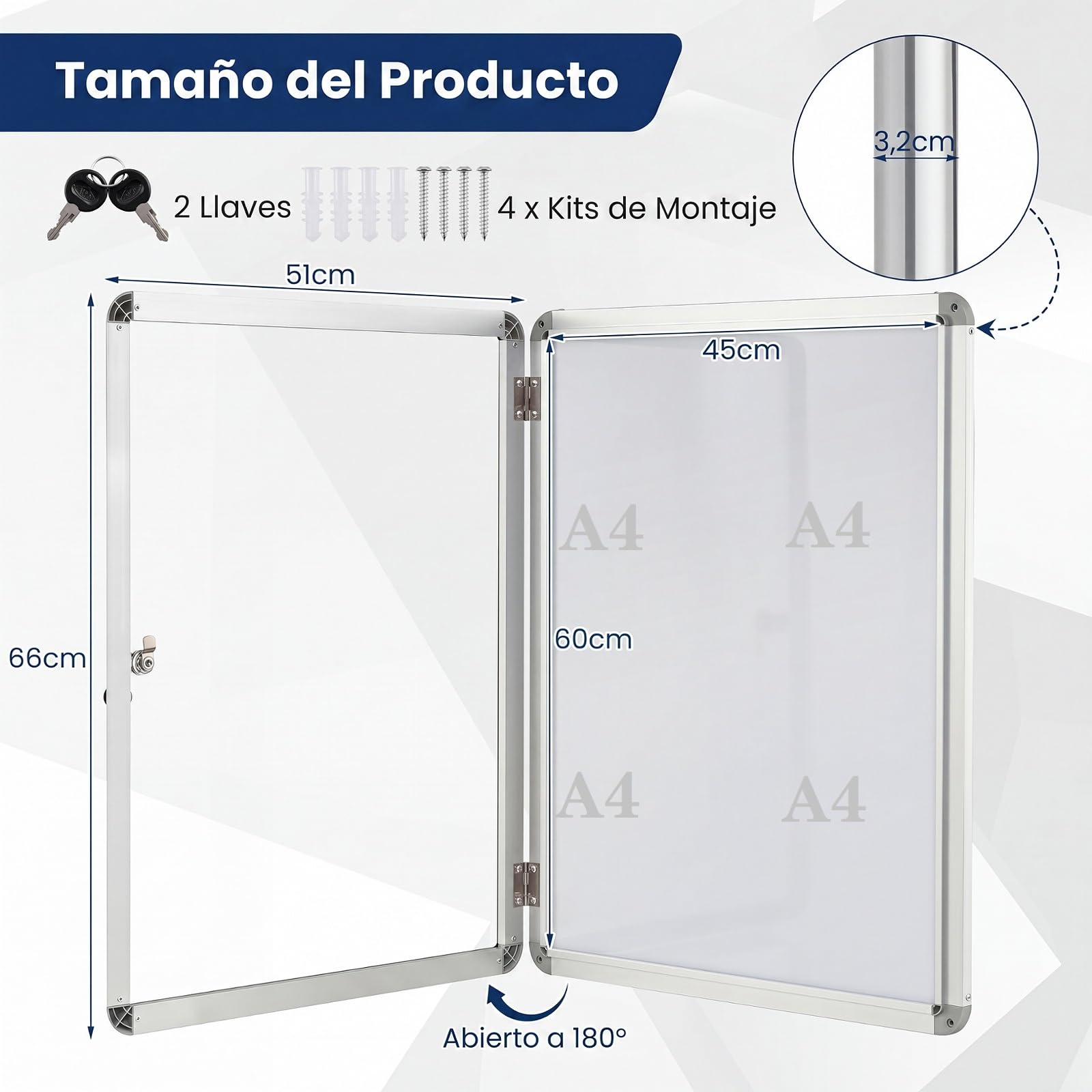 COSTWAY Tablón de Anuncios con 2 Llaves para 4 Hojas A4, Aluminio | Vertical/Horizontal, Boletín de Anuncios con Pizarra Blanca Magnética, Interior Oficina
