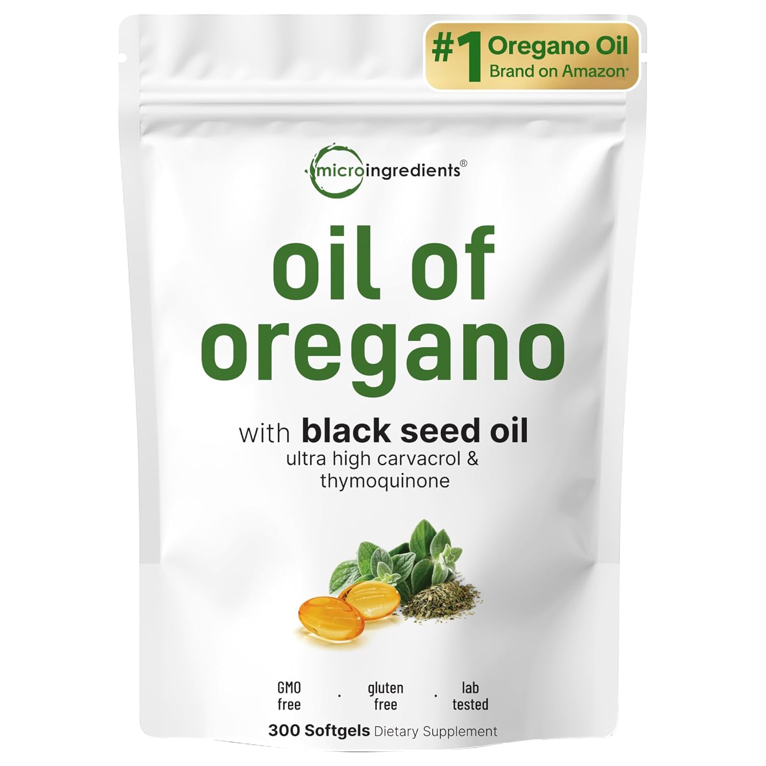 Micro Ingredients Oil of Oregano Softgels 300 Count 2 in 1 Formulated with Black Seed Oil 4X Strength
