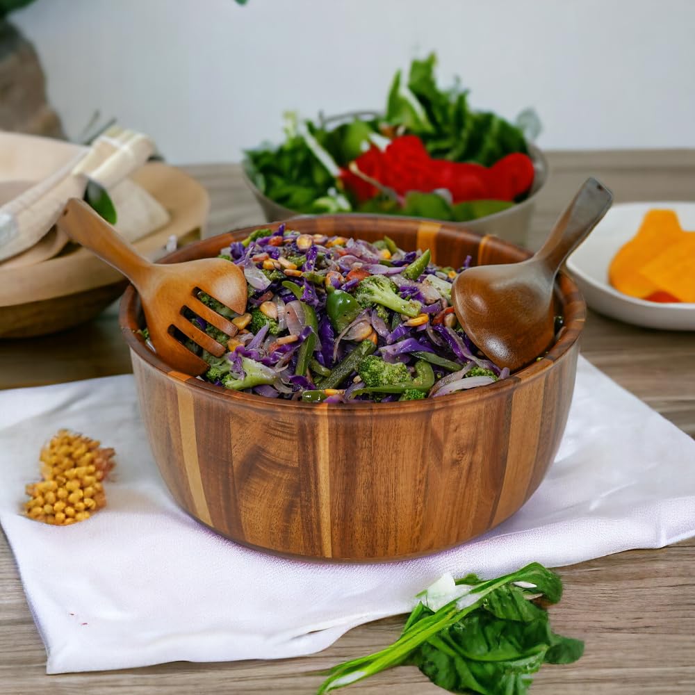 PRESTIGE NOOK Extra Large Wooden Salad Bowl - 12“ x 5” Acacia Wood Serving bowl with 2 servers, Large Fruit bowl for food with serving utensils, Housewarming Wedding Christmas Gift