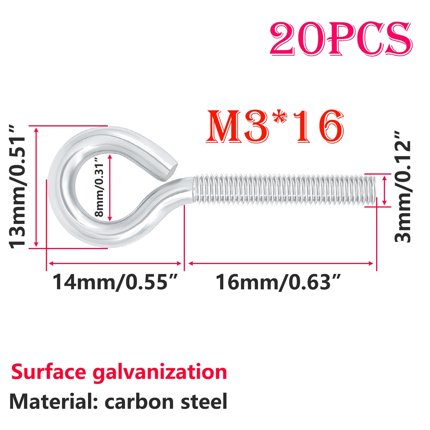 Qrity 20 Pezzi Bullone a Occhiello M3 x 16 mm in Acciaio al Carbonio, Gancio Chiuso con Vite ad Anello per Fissare e Appendere Cavi, Argento