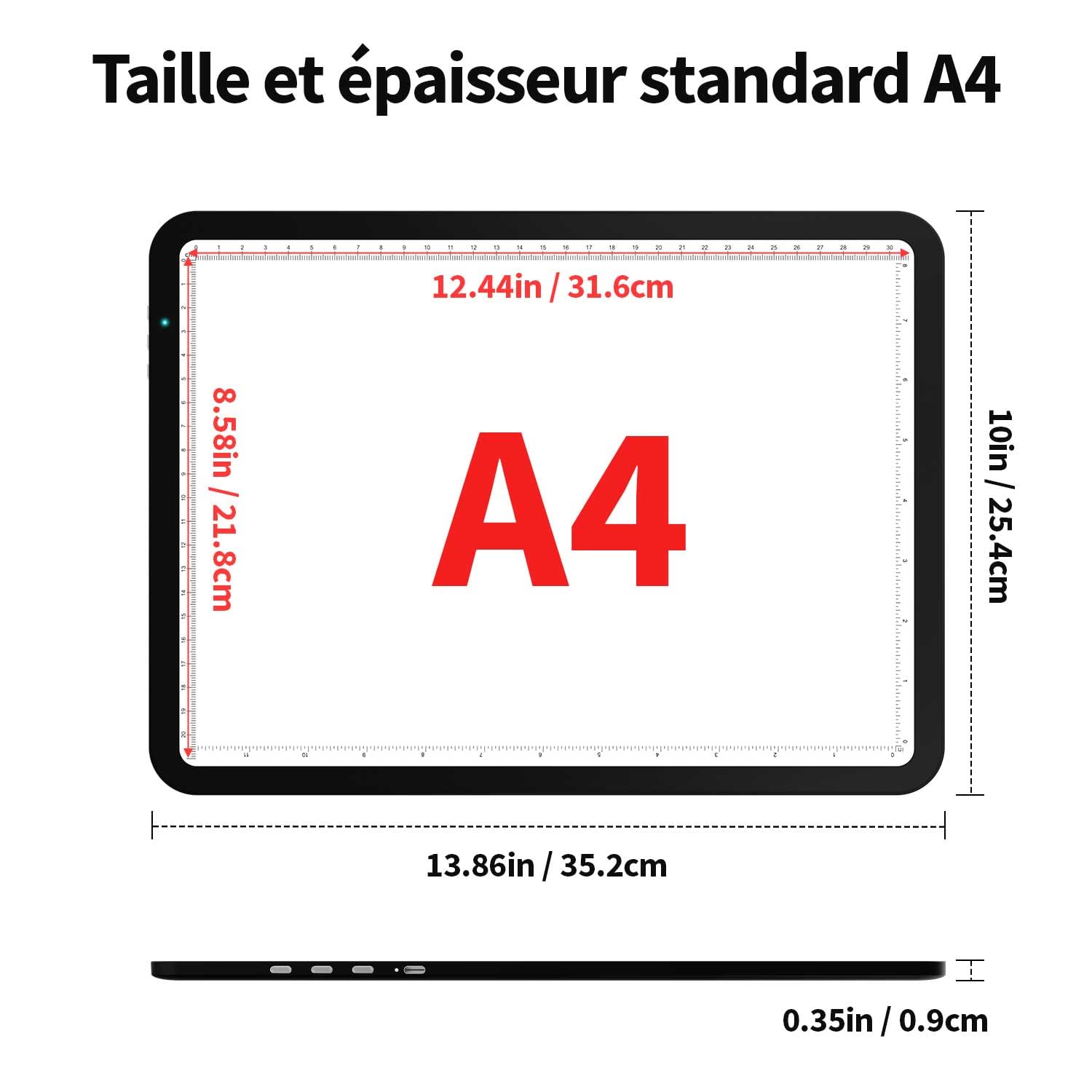 Zocelight 9000 Lux Super Bright tablette lumineuse A4,tablette dessin rechargeable avec une batterie au lithium de 4000mAh,table lumineuse aimant pour le traçage la peinture en diamant, esquisse(noir)
